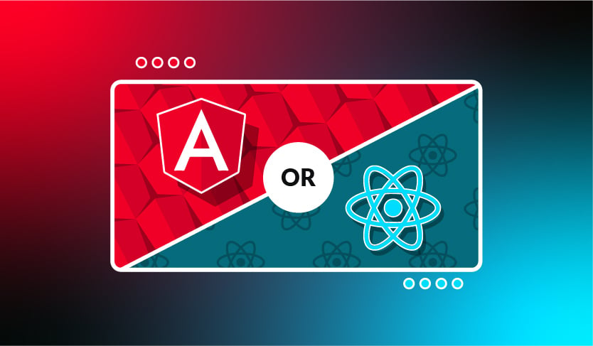 Angular and React's logos on a red and blue background