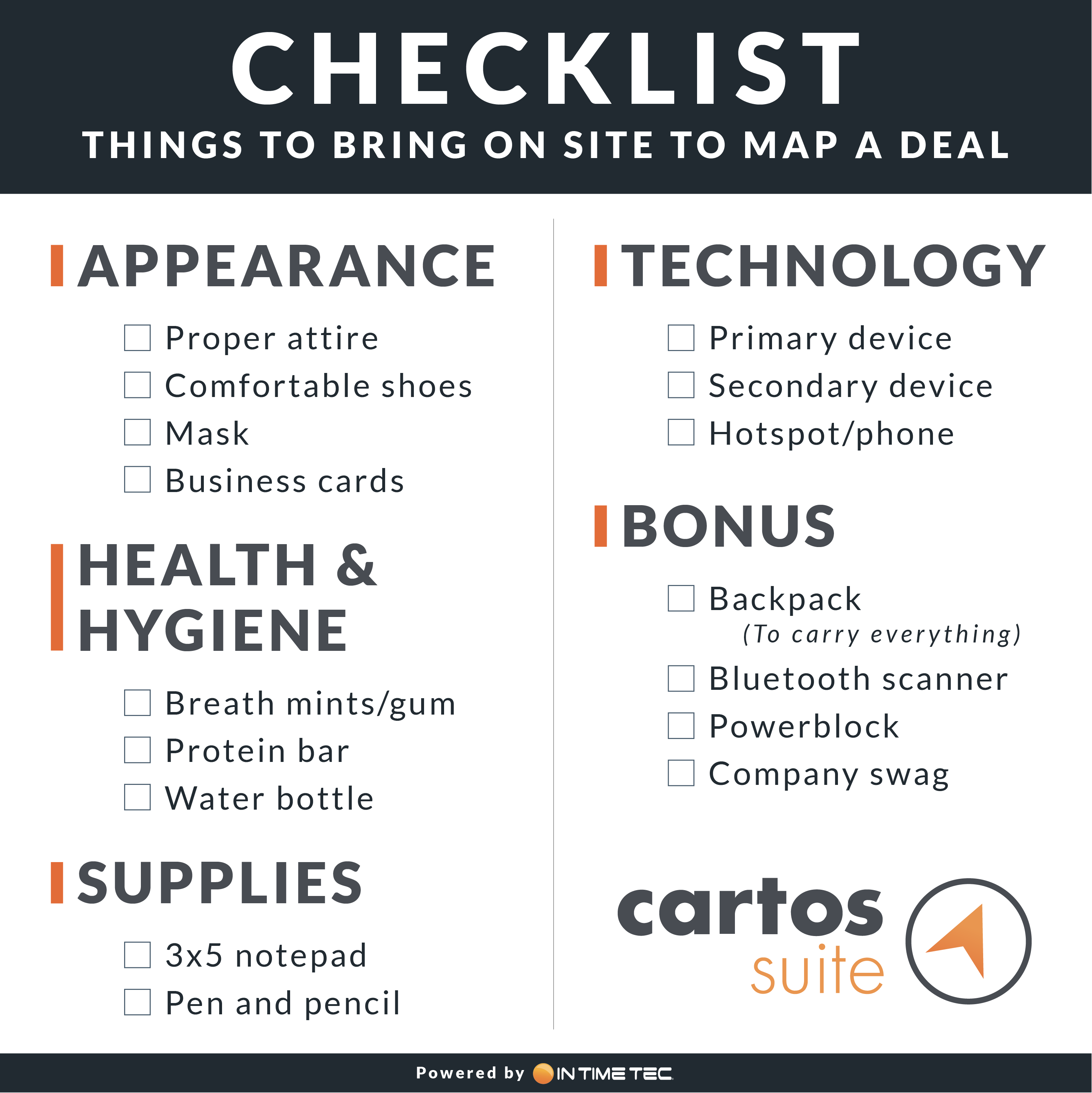 checklist of things to bring on site