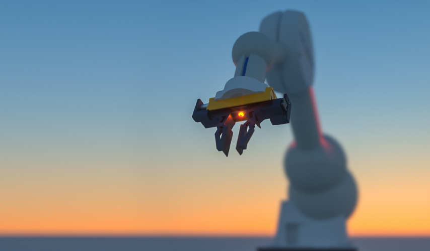 Robot arm with a sunset background