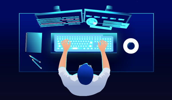 graphic of person sitting down at computer
